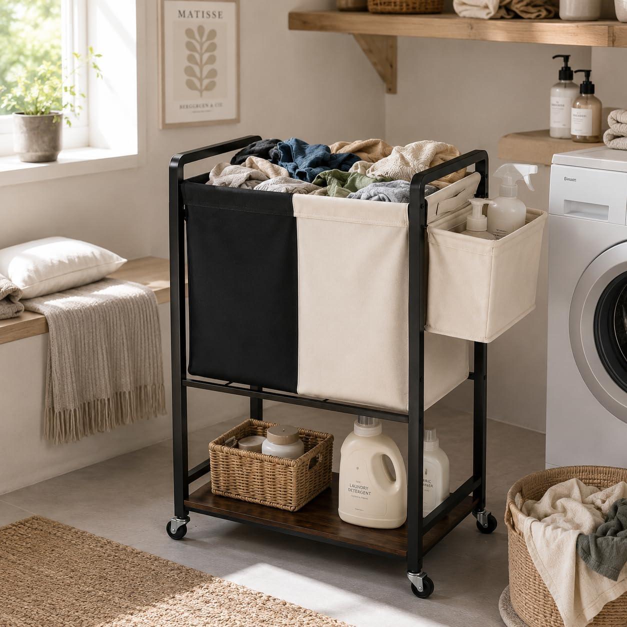 Rolling Laundry Sorter Cart with 2 Removable Bags, Double Laundry Hamper with Wheels, Side Storage Basket and Bottom Shelf, Black and Beige