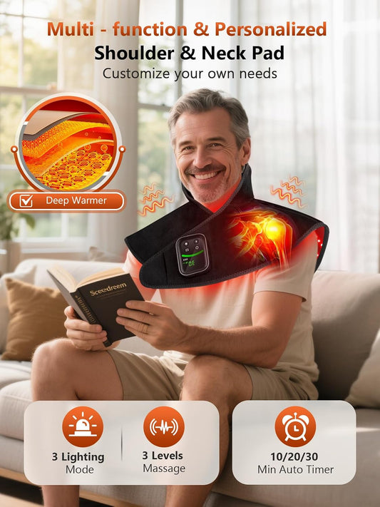 RELEXNOW Red Light Therapy for Neck & Shoulders Massage with Heat Portable | Wireless 5000mAh Battery 118 Tri-Chip LEDs Near Infrared Red Light Therapy Shoulders Neck Pad Wearable for Upper Back