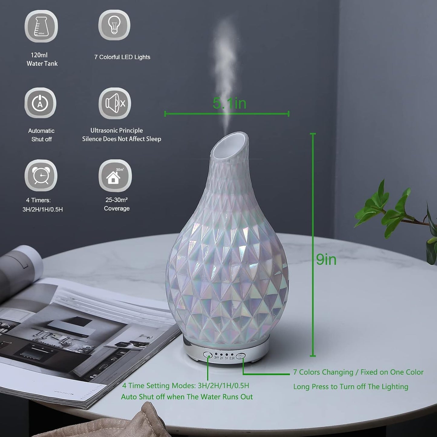 MAXWINER Essential Oil Diffusers Ultrasonic 3D Glass Aromatherapy Diffuser, Auto Shut-Off, Timer Setting, 7 Colors LED Lights Changing for Home, Office, Spa 120ml
