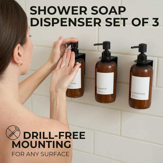 Stylish Shampoo & Conditioner Dispenser Set of 3 - Wall Mount, Drill Free | Modern 21oz Shower Soap Bottles with Labels - Easy Refill Body Wash Dispensers for an Instant Bathroom Decor Upgrade