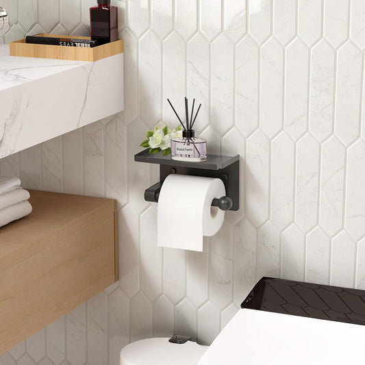 Toilet Paper Holder with Phone Storage Shelf, Matte Black | Wall Mount for Bathroom, No Drill Adhesive or Screw Mount, Rustproof Metal, Fits Mega Rolls