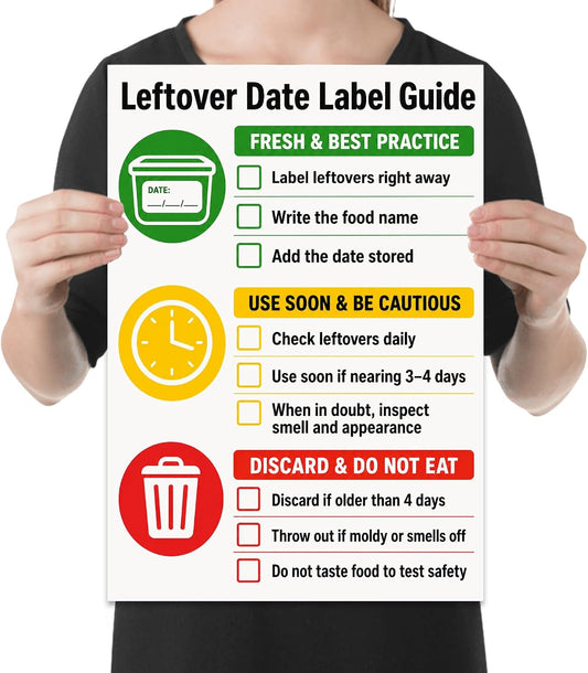 Leftover Date Label Guide Poster - Kitchen Organization - 13x19 | Glossy 13x19 poster print for kitchen organization, meal prep reminders, and food safety education.
