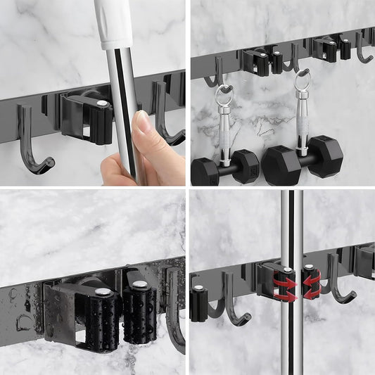 SUS304 5 Racks and 4 Hooks Mop and Broom Holder Wall Mount | Heavy Duty Self Adhesive Solid Non-slip Broom Organizer Storage Tool Racks for Home Kitchen Garden Laundry Garage