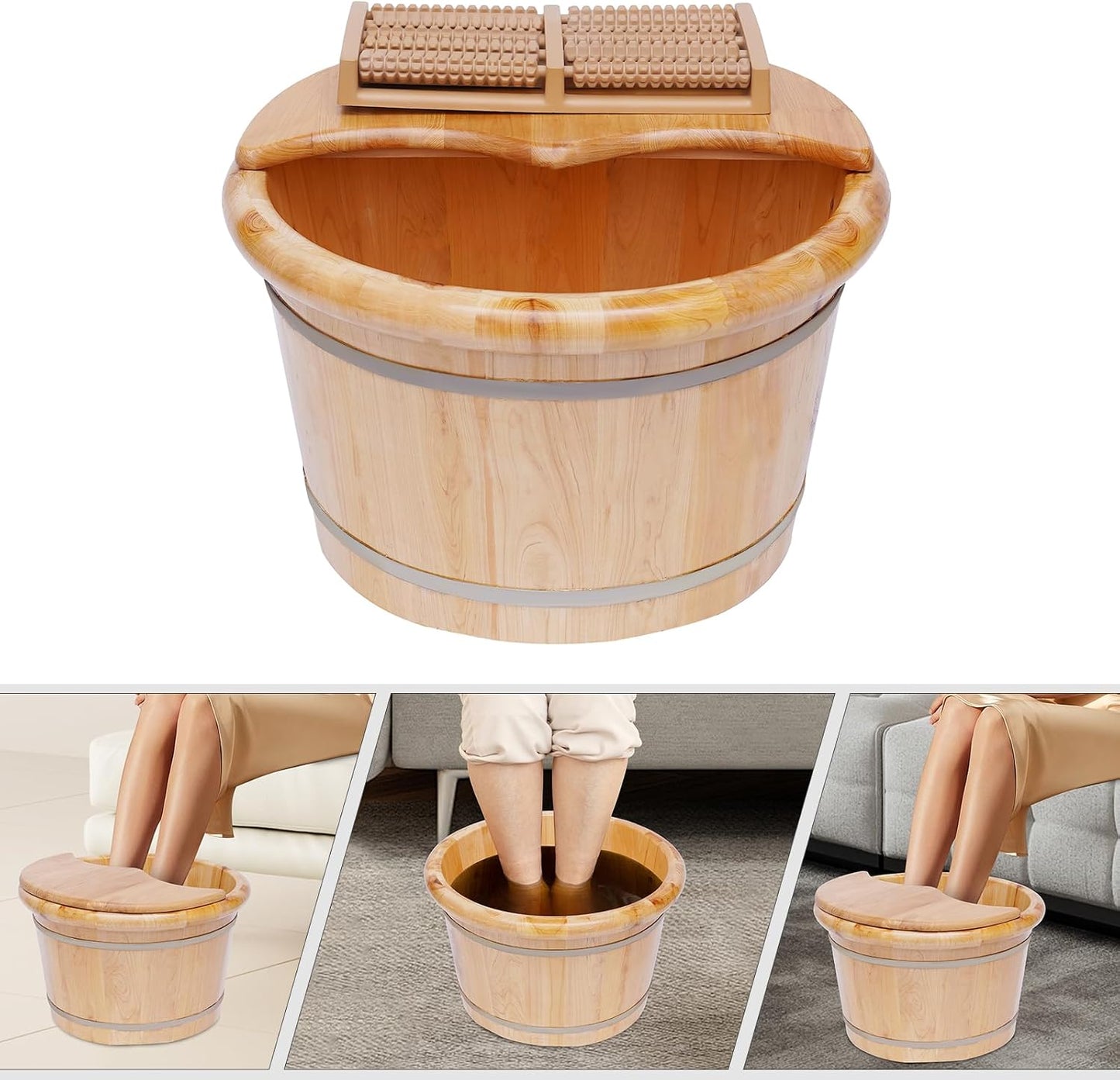 Wooden Foot Bath Basin, Health Foot Massage Barrel Feet Spa Soak Bucket w/Roller