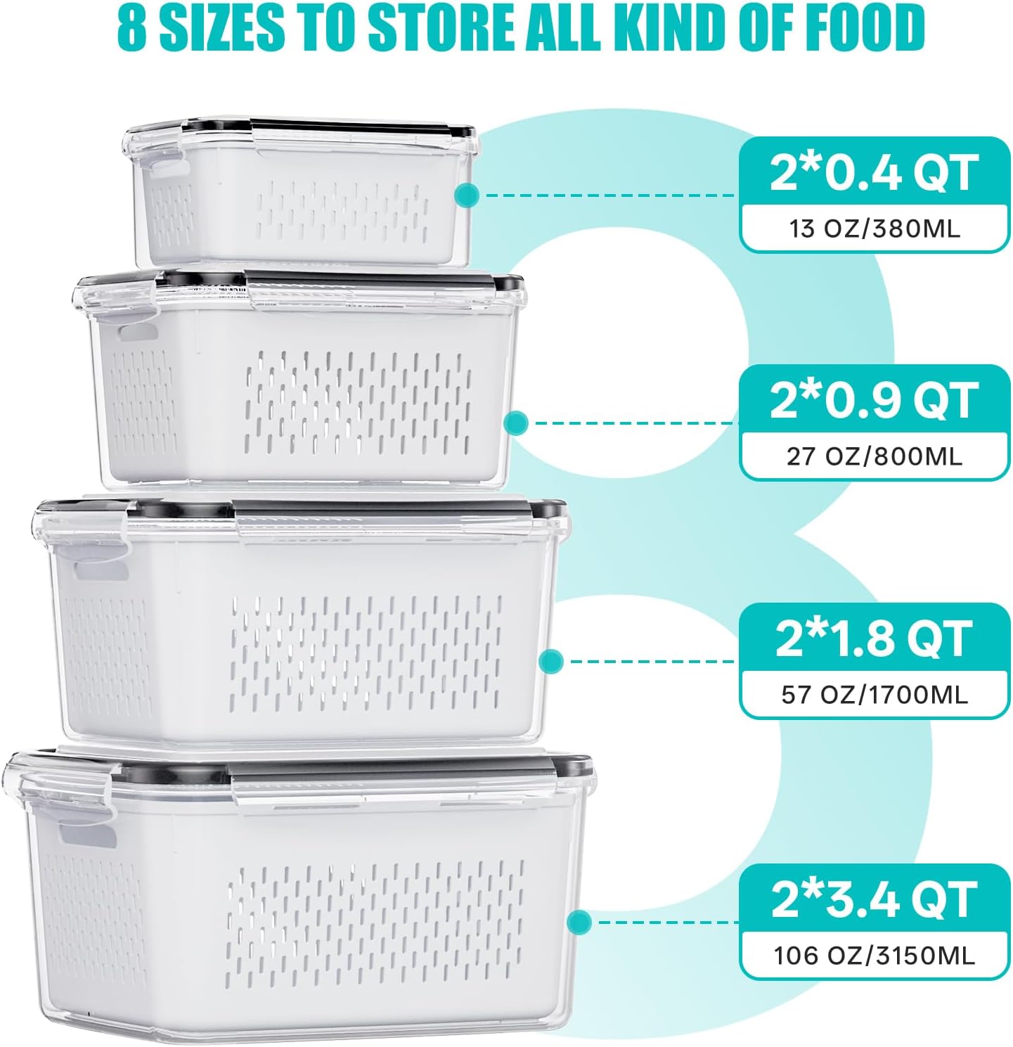 HOMETALL 4 Pack Fruit Storage Containers for Fridge Set, Produce Containers for Fridge with Strainer, Plastic Reusable Fridge Organizers and Storage for Berry Salad Lettuce, Size 3.4, 1.8, 0.9, 0.4QT