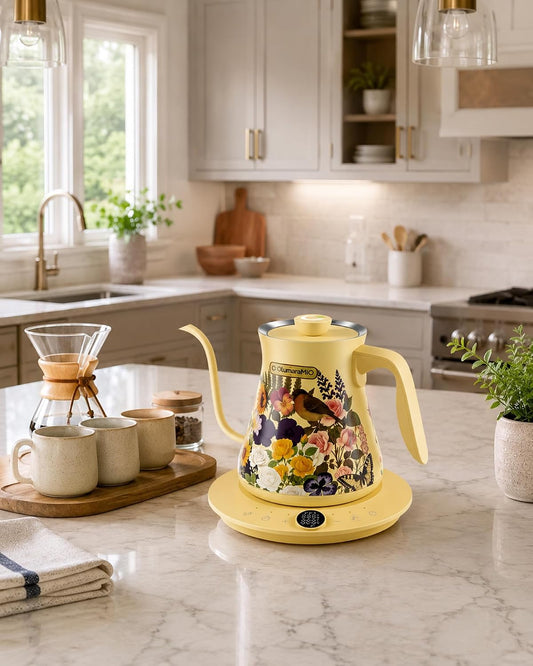 Olumaramio 0.8L/27oz Gooseneck Electric Kettle - ±1℉ Precise Temperature Control for Pour Over Coffee & Tea, 1200W Fast Heating, Auto Shut-Off, Built-in Brew Timer, BPA-Free Stainless Steel, Floral