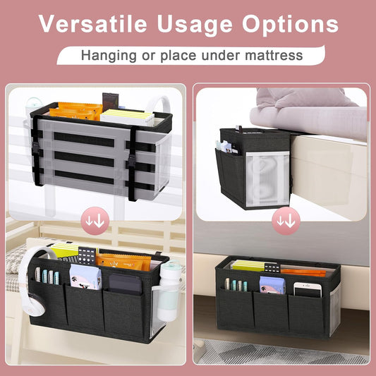 Bedside Caddy Storage Organizer for Bed Rails, Bed Caddy with 6 Pockets | Bedside Organizer with Fixed Straps and Hooks, Mattress Supported Versatile for Home, Dorm, Bunk, Hospital and Crib Bed