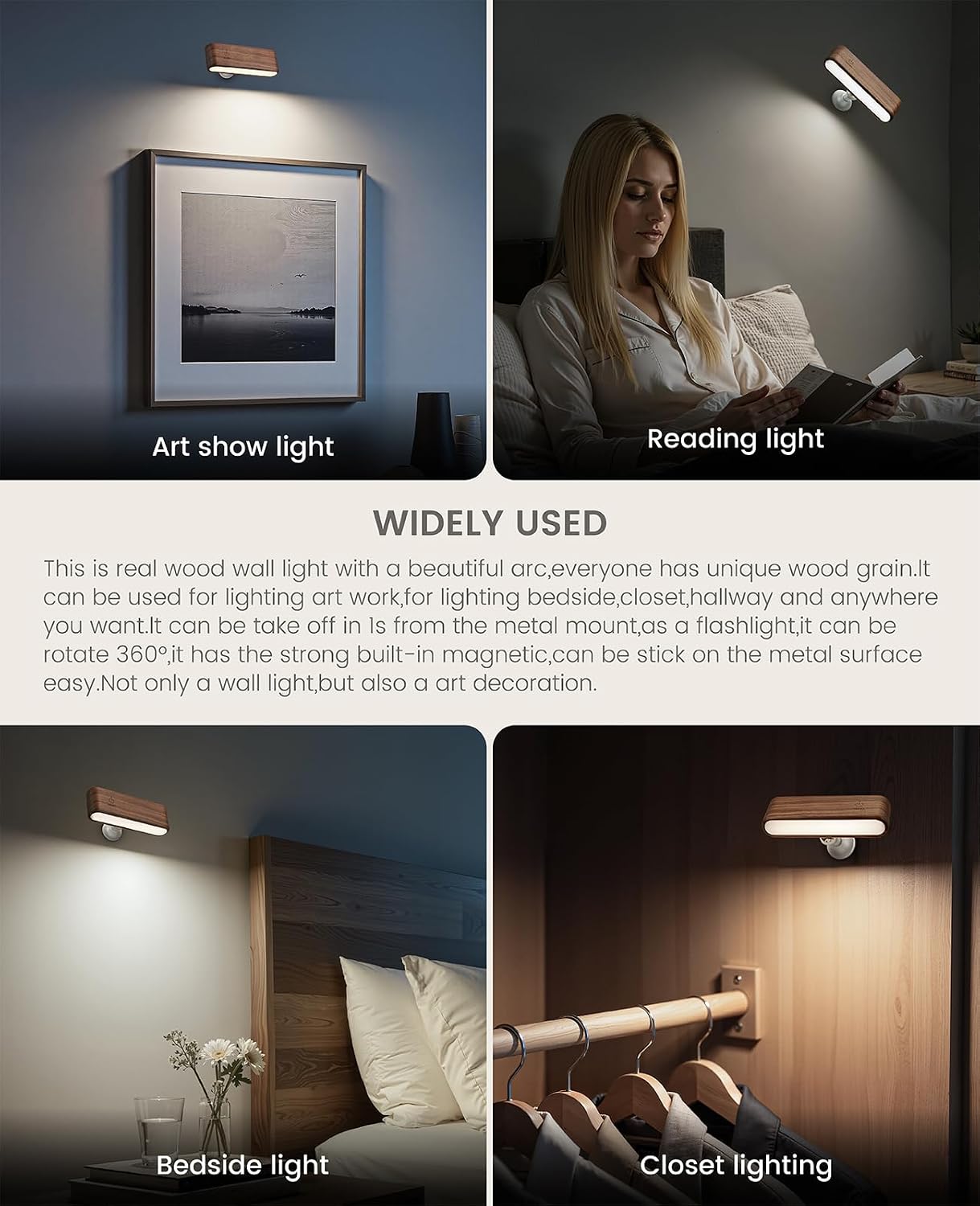 Rechargeable Wall Sconce, Reading Light for Bed, Magnetic Wood Lamp | Set of 2, Black Walnut, Touch Control, Adjustable Brightness, 4000K Nautral Light for Reading, Headboard Light, 360° Rotation