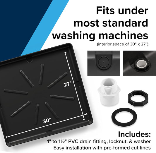 Camco Low Profile Washing Machine Drain Pan with PVC Fitting, 29 inch x 33 inch ID and 31 inch x 35 inch OD - Protects Your Floors from Washing Machine Leaks - Easy to Use - Pewter - 20788