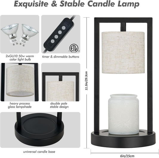 Candle Warmer Lamp with Timer, Black Candle Lamps Linen Fabric Shade, 3-Level Dimmable Candle Warming Wax Melt Warmer for Scented Wax, 50W Electric Warmer Lamp for Women Home Decor (2 Bulbs Included)
