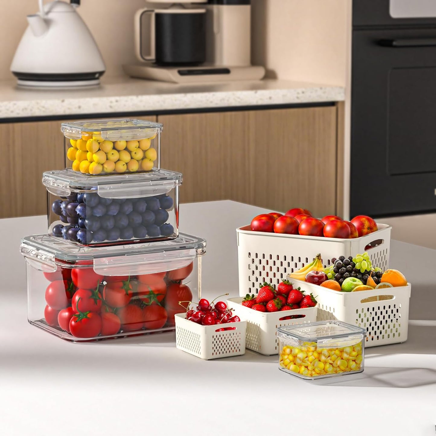 Dayacoco Fruit Storage Containers for Fridge 4 Pcs with Drain Basket | Fridge organizers & storage - 4 fruit containers w/ drain baskets, BPA-free PP, leak-proof seal, stackable, DW/MW safe.