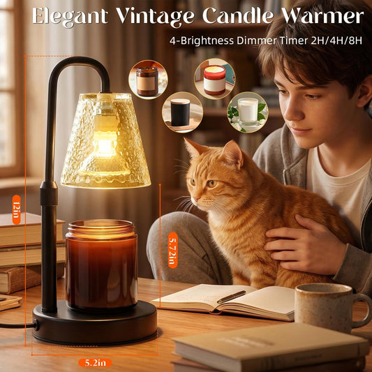 Glimra 2 Pack Candle Warmer Lamp with Timer,Dimmable Adjustable Height Candle Heater Birthday Gifts for Women Mom Sister Friends,House Warming Gifts New Home Candle Lamp Warmer with 4 Bulbs