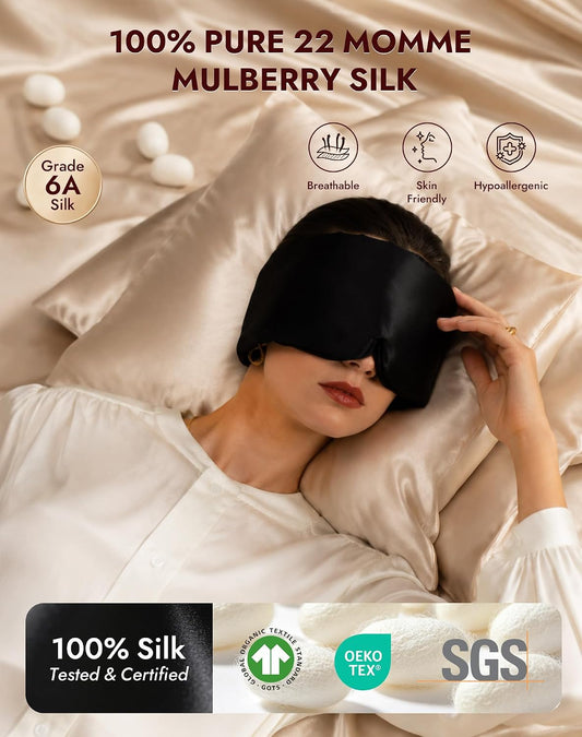 22 Momme Mulberry Silk Sleep Mask for Side Sleepers, Pale Mauve | Wide Face-Hugging Eye Mask for Total Blackout, 3D Eye Cups for Lash Extensions, Soft & Breathable Silk, Adjustable Band