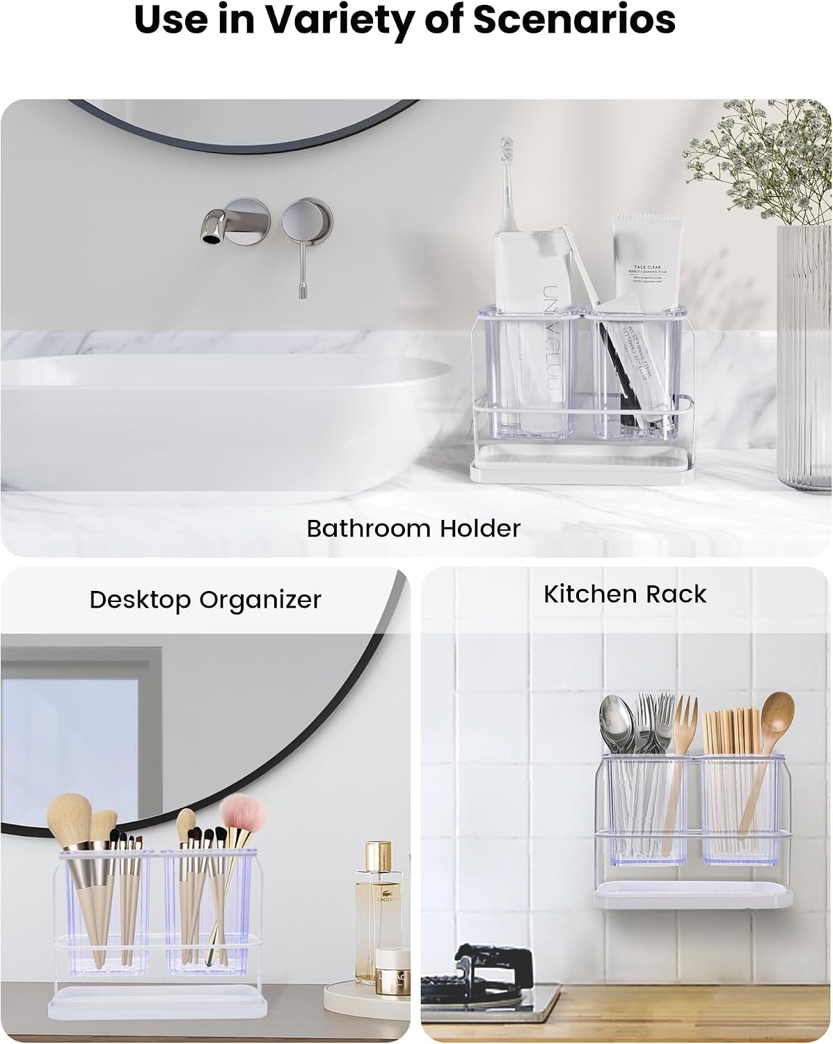 Clear Toothbrush Holders for Bathroom, 2 Cups Wall Mounted, Dry & Wet Separation, Organizers and Storage Set for Family Kids