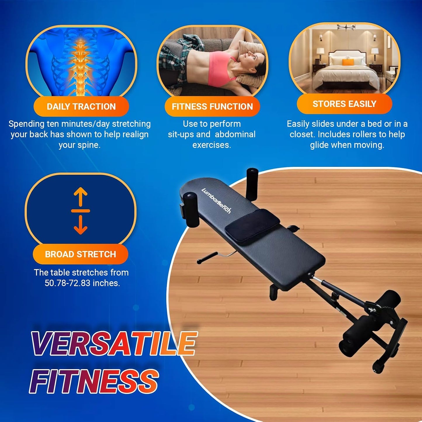 Lumbar Decompression Table By Lumbar Bench - Horizontal Inversion Table for Lower Back Pain Relief, Back Stretcher Machine, Stretches the back, Ankle, Knee, and Hip. 300/330 lbs. Capacity