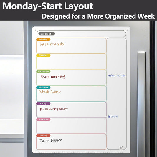 Magnetic Calendar for Fridge, Dry Erase Weekly Planner, 13" x 16.9" | Strong Magnetic Hold, Vertical Weekly Layout, Large Daily Spaces, Easy to Clean, Color-Coded, Dual-Magnet Markers & Eraser