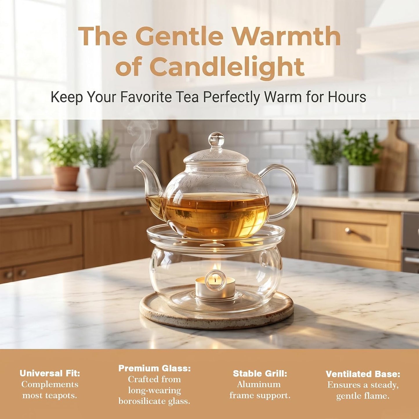 Glass Teapot Warmer 5", Borosilicate, for 600-1800ml, Candle Not Included | Handcrafted Lead-Free Glass, Heatproof Tealight Warmer – Fits Most Standard Teapots