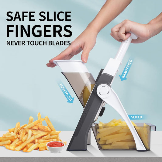 QYKIC Safe Mandoline Slicer Pro for Kitchen, Adjustable Chopper 6 in 1 | Potato Slicer Onion Chopper Fry Cutter Julienne Dicer Large Chute Stainless Steel Blades Detachable Dishwasher Safe Gifts