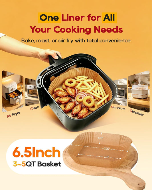40GSM Air Fryer Liners, 6.5 Inch Air Fryer Liners Disposable, Unbleached Paper For 3-5Qt, Raw Wood Pulp, Double-Sided Silicone, For Health-Conscious Cooks & Busy Families, Square 100pcs