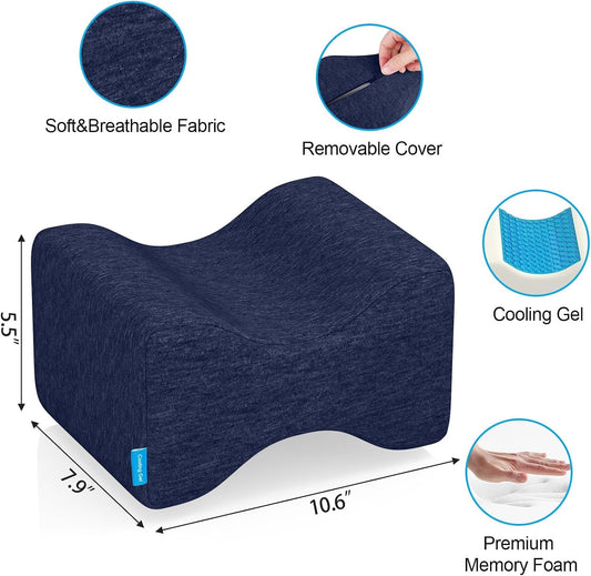 Knee Pillow for Side Sleepers, Leg Pillow with Cooling Gel, Grey/Large | Memory Foam Elevation Pillow for Spine Aligning, Sciatica, Back, Hip, Knee, Ankle Pain
