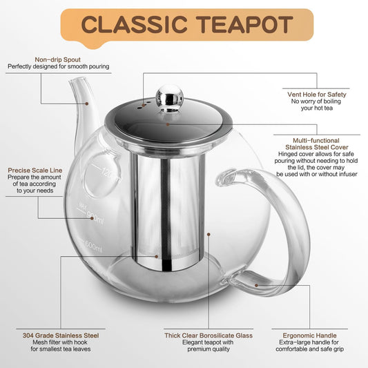 Glass Teapot, 1200ml (40oz) Tea Pot with Infuser for Loose Tea and Blooming Tea, Stovetop Safe Tea Kettle, Hand Crafted Borosilicate Glass Tea Maker with Scale Line, Tea Gift Set for Tea Lovers