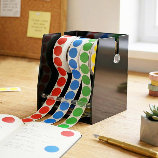 Sticker Dispenser Adjustable Label Roll Holder 2 Divider Disks | Holds 3 Rolls, Easy Assembly, Durable Acrylic, Fits Multiple Roll Sizes, Smooth Dispensing, Home, Office, Retail, Business