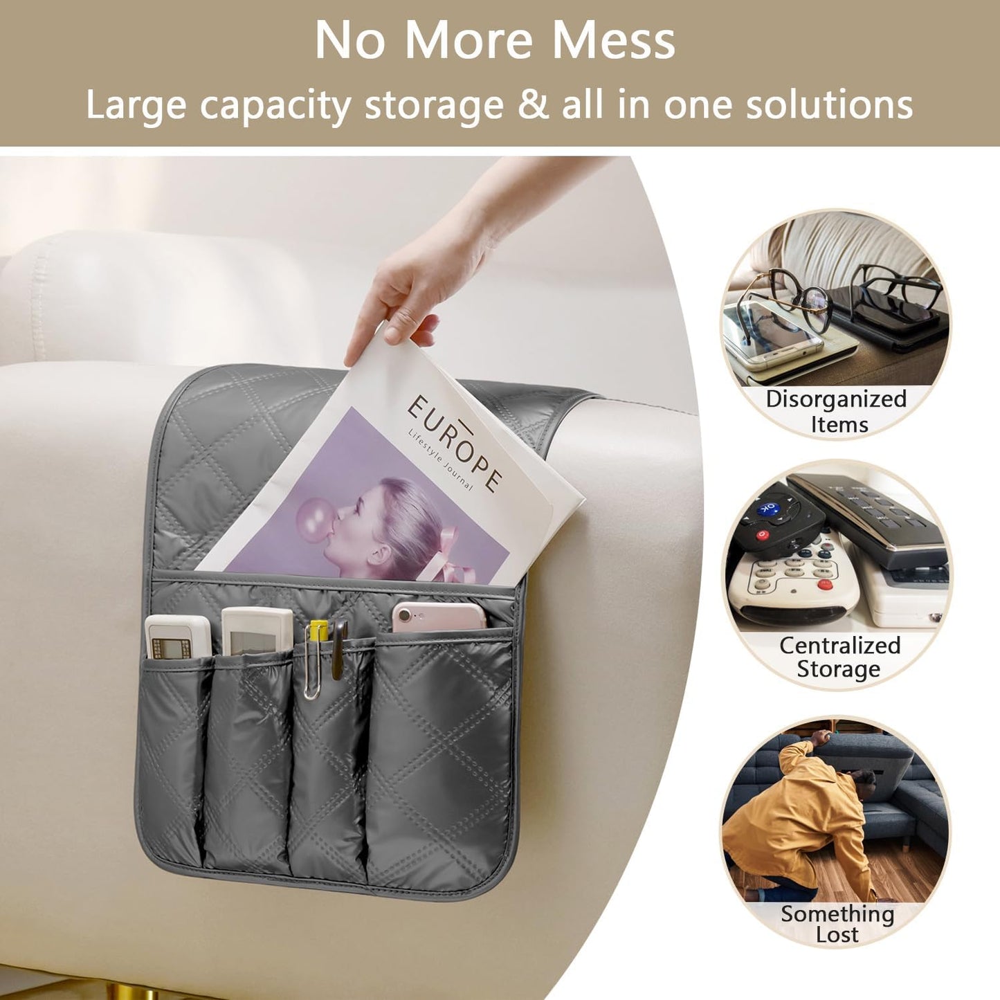 Remote Control Holder for Armchair, Couch Recliner Chair Caddy, Non-Slip Arm Chair Caddy for Recliner with 5 Pockets for Table, Ipad, Magazines, Arm Chair Bedside Caddy Storage Organizer (Grey)
