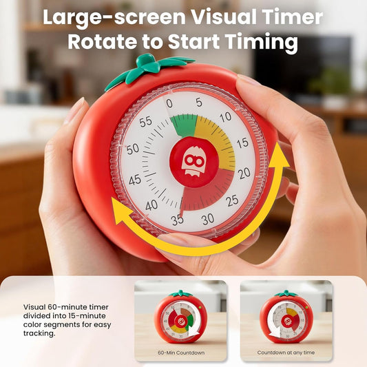 Magnetic Visual Timer, 60-Minute Countdown for Kitchen Classroom Homework | 4-Color Zone Dial with Cute Design, Kids Timer with Pomodoro Mode Time Management Tool for ADHD, Cooking & Baking