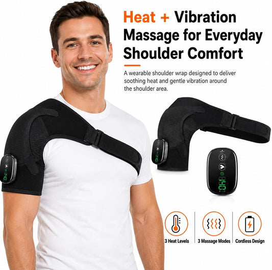Cordless Shoulder Heating Pad with Massage, Rechargeable Shoulder Massager with Heat, Heated Shoulder Wrap, 3 Heat Levels & 3 Vibration Modes, 5000mAh Battery, Left or Right Shoulder, Black