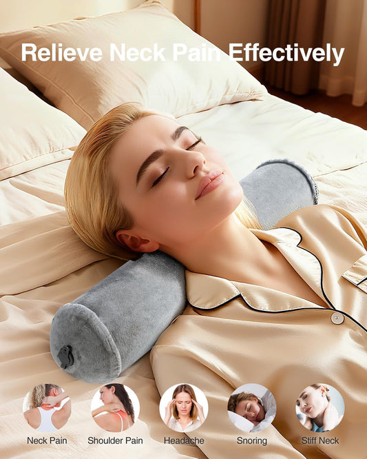 Inflatable Neck Roll Pillow for Sleeping, Travel Neck Pillow | Soft Cylinder Support Pillows, Round Bolster Pillows for Bed, Lumbar Roll, Legs, Back and Yoga (Grey-3.9in)