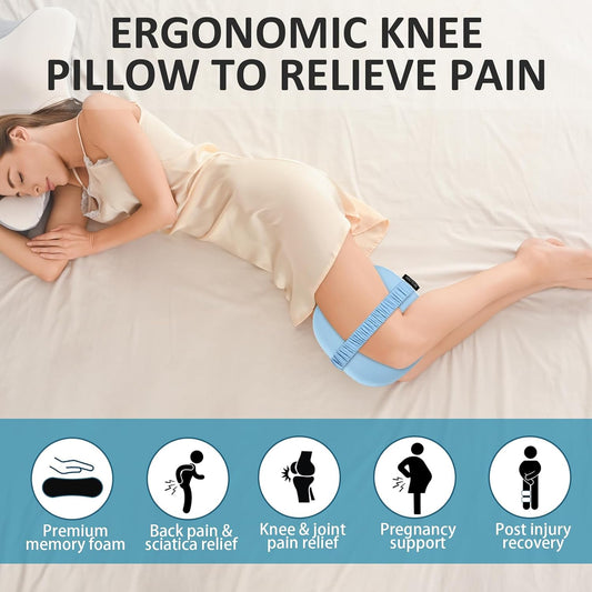 beslovo Side Sleeper Knee Pillow, Memory Foam Leg Pillow, Ergonomic Between Leg Pillow Eases Back Hip Pain, Spine Alignment Sciatica Relief, Knee Pillow with Ice Silk Cover and Elastic Strap (Blue)
