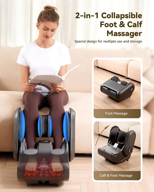 EaseZen 2 in 1 Collapsible Foot and Calf Massager with Heat with Neuropathy | Deep Kneading Therapy, Vibration, Compression,for Plantar Fasciitis, Auto Shut-Off, Gifts for Women Man Family,up to Size 14