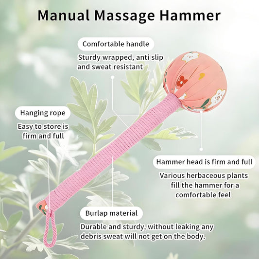 Wormwood Mugwort Massage Hammer 26cm, Manual Lymphatic Drainage Tool, Handheld Percussion Massager for Full Body Muscle Tension Relief (1, Pink)