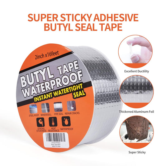 TAPEBEAR Butyl Tape Aluminum Waterproof Sealing Tape 2" x 16Feet | Sealant Tape for RV Repair, Window, Silicone, Glass & EDPM Roof Leak Patching, Boat and Pipe Sealing, Silver