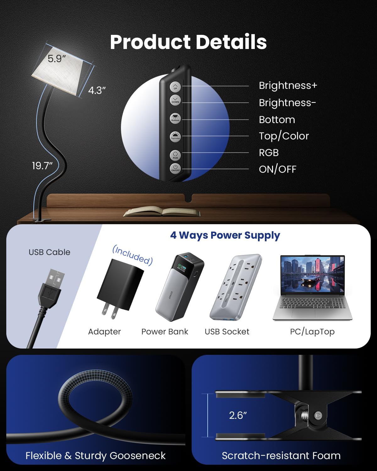 Clip on Bedside Lamp with Fabric Shade, Dimmable Reading Light 10-Level Brightness Memory, RGB & 3 Color Temperatures, Flexible Gooseneck Clip Lamp for Headboard Desk Dorm, Adapter Included