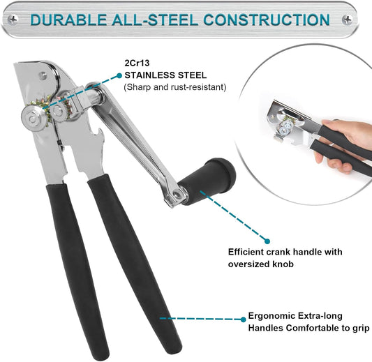 Commercial Can Opener with Magnet, Manual Heavy Duty Folding Hand Crank Can Opener Smooth Edge with Comfortable Long Handles, Fit All Size Cans, Large Cans