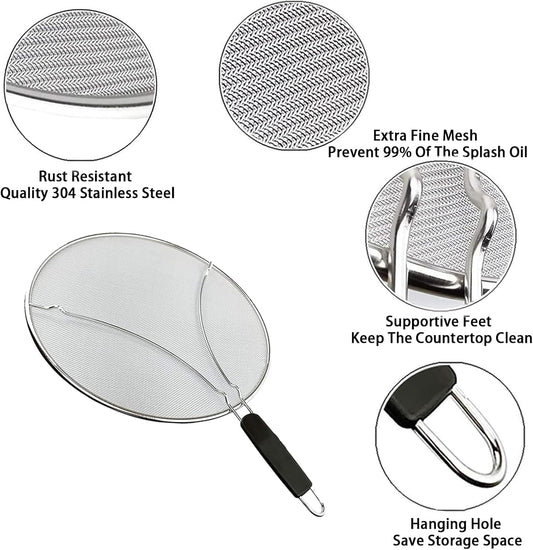 Stainless Steel Splash Guard, Frying Pan Splash Guard, Fine Mesh Cover, Prevents oil Splattering, Comfortable Handle to Prevent Burns, Suitable for Frying Pans and Cooking Utensils (15in)