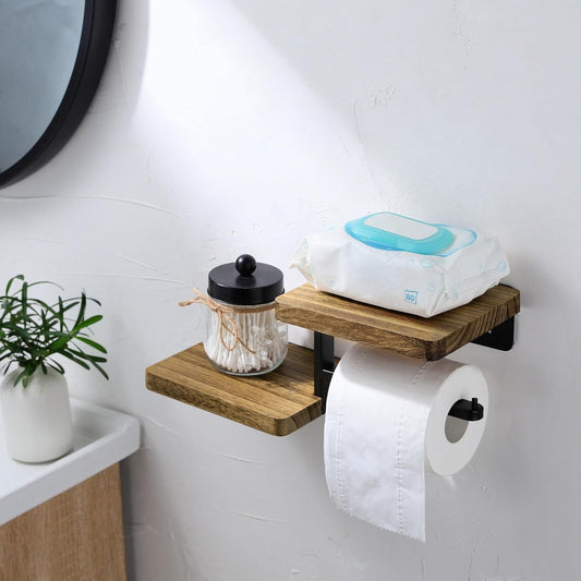 Rustic Farmhouse Toilet Paper Holder with Shelf - Farmhouse Bathroom Rustic Country Decor - Rustic Bathroom Accessories with Warm Brown Wood Shelf for Wipes&Cell Phone&Reading, Black Metal