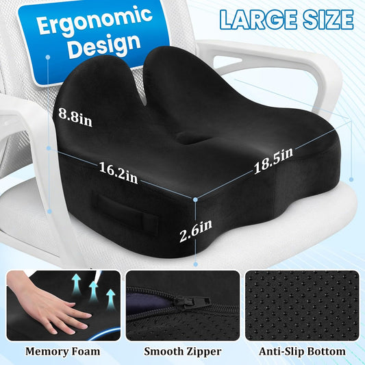CushZone Ergonomic Seat Cushion, Sciatica Support for Office Chair, Black | Large Size for Sciatica & Hip & Tailbone Pain Relief, Memory Foam Office Chair Cushion for Car, Long Trip, Desk Chair, Lab