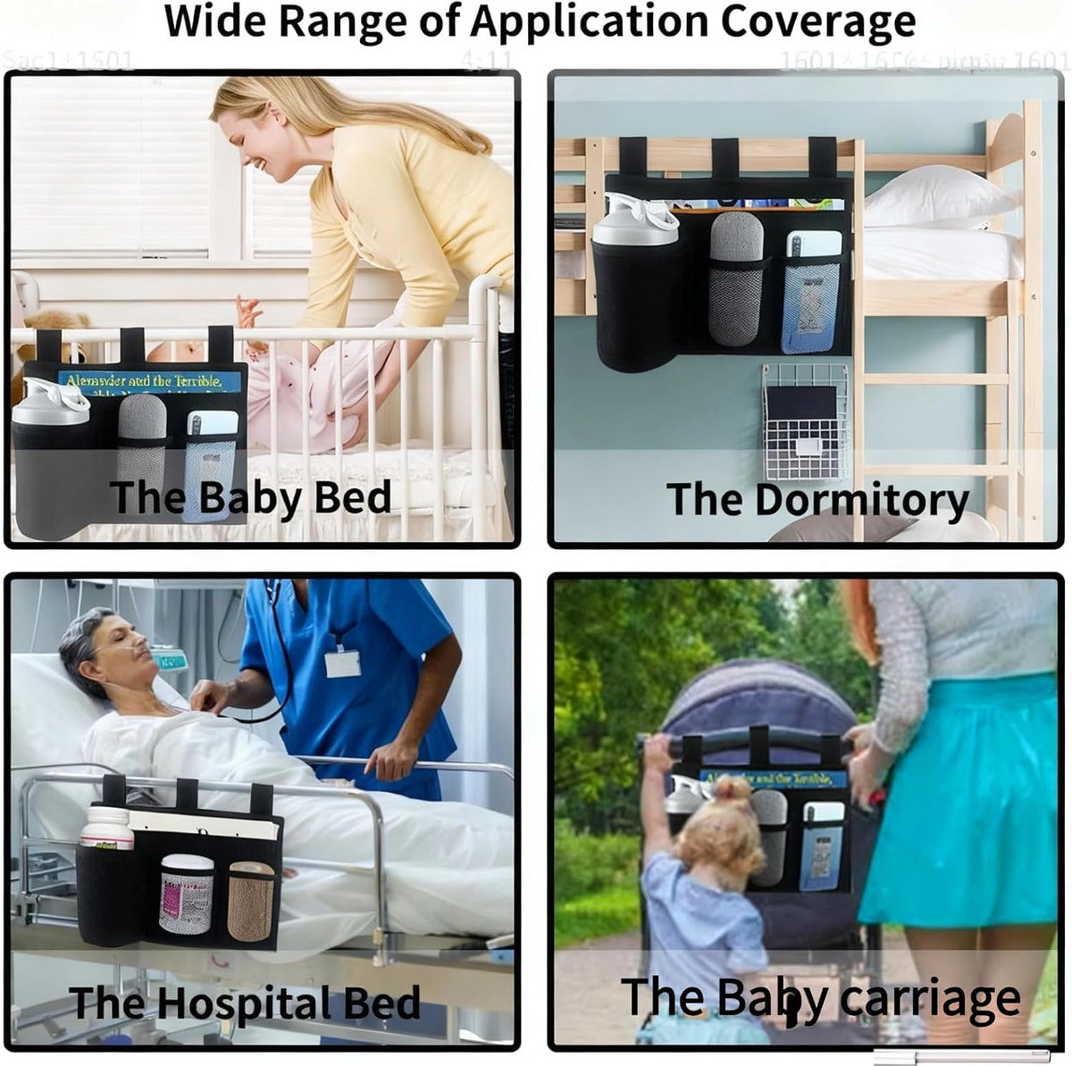 Hanging Bedside Caddy, Bedside Organizer Bunk(Black 4 Pockets)