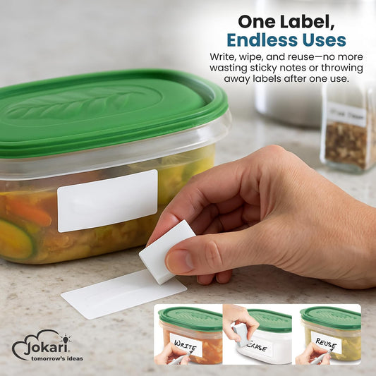 Jokari Label Once Erasable Food Labels with Marker and Eraser Reusable | Kitchen Storage Freezer Dishwasher, Microwave Safe 70 Pack, Includes Marker and Eraser, Labels for Any Task