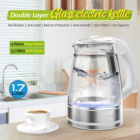 NISVITU 1.7L Dual Wall Cool Touch BPA-Free Electric Kettle, White