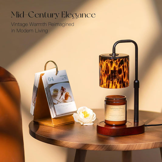 Candeldo Candle Warmer Lamp with Timer, Tortoise Shell Glass Shade | Height Adjustable, Dimmable, with Leopard-Inspired Details, Vintage Home Decor, Includes 2 Bulbs
