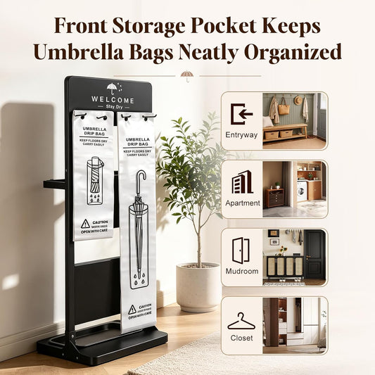 Wet Umbrella Stand with Bag Holder, Entryway Organizer with Drip Tray