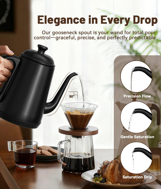 1L Gooseneck Electric Kettle for Pour Over Coffee & Tea | 1000W Fast Heating, Food-Grade Stainless Steel, Auto Shut-Off & Boil-Dry Protection, BPA-Free, Black
