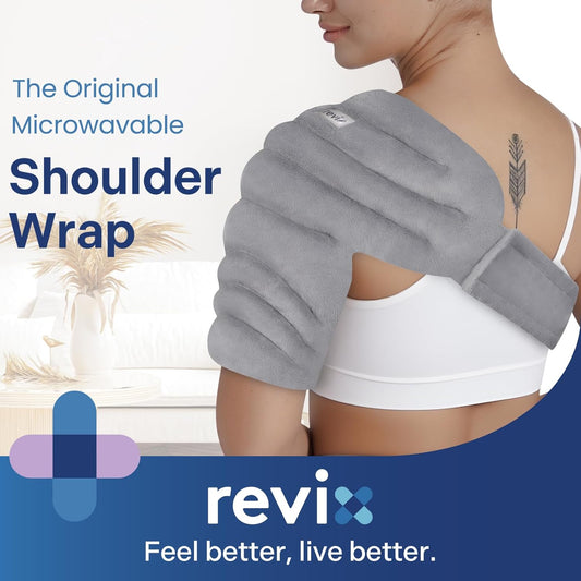 REVIX Shoulder Heating Pad Microwavable for Rotator Cuff, Moist Heat, Gray | Flaxseed Microwave Heating Pad, Adjustable Wrap for Adults, Shoulder Disomfort Relief, Reusable Hot Compress, XL
