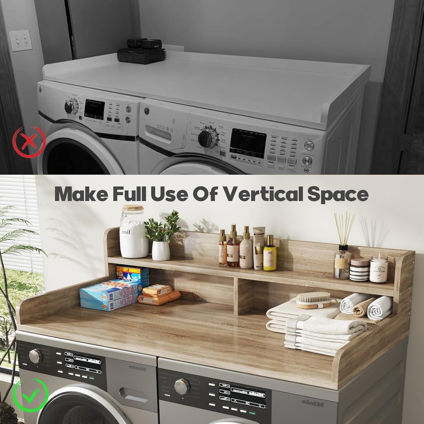 2-Tier Washer and Dryer Countertop with 2.75" H Guard,54" W x 27.5" D Laundry Countertop Cover with Non-Slip Pad,Large Space Laundry Topper for Folding Clothes Over Washer and Dryer-White