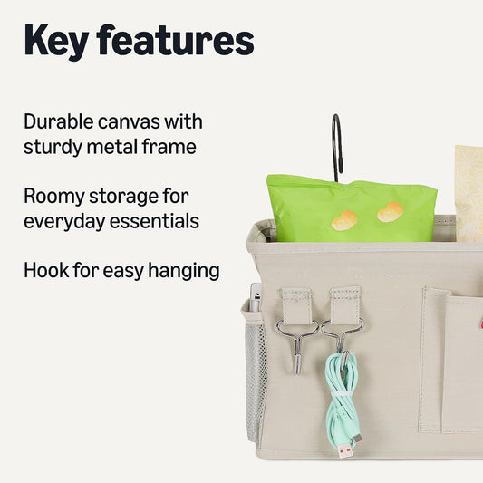 Amazon Basics Bedside Caddy Hanging Storage Organizer for Phone and Bedside Essentials, 4.72 x 14.57 x 7.87 in, Dark Grey Linen