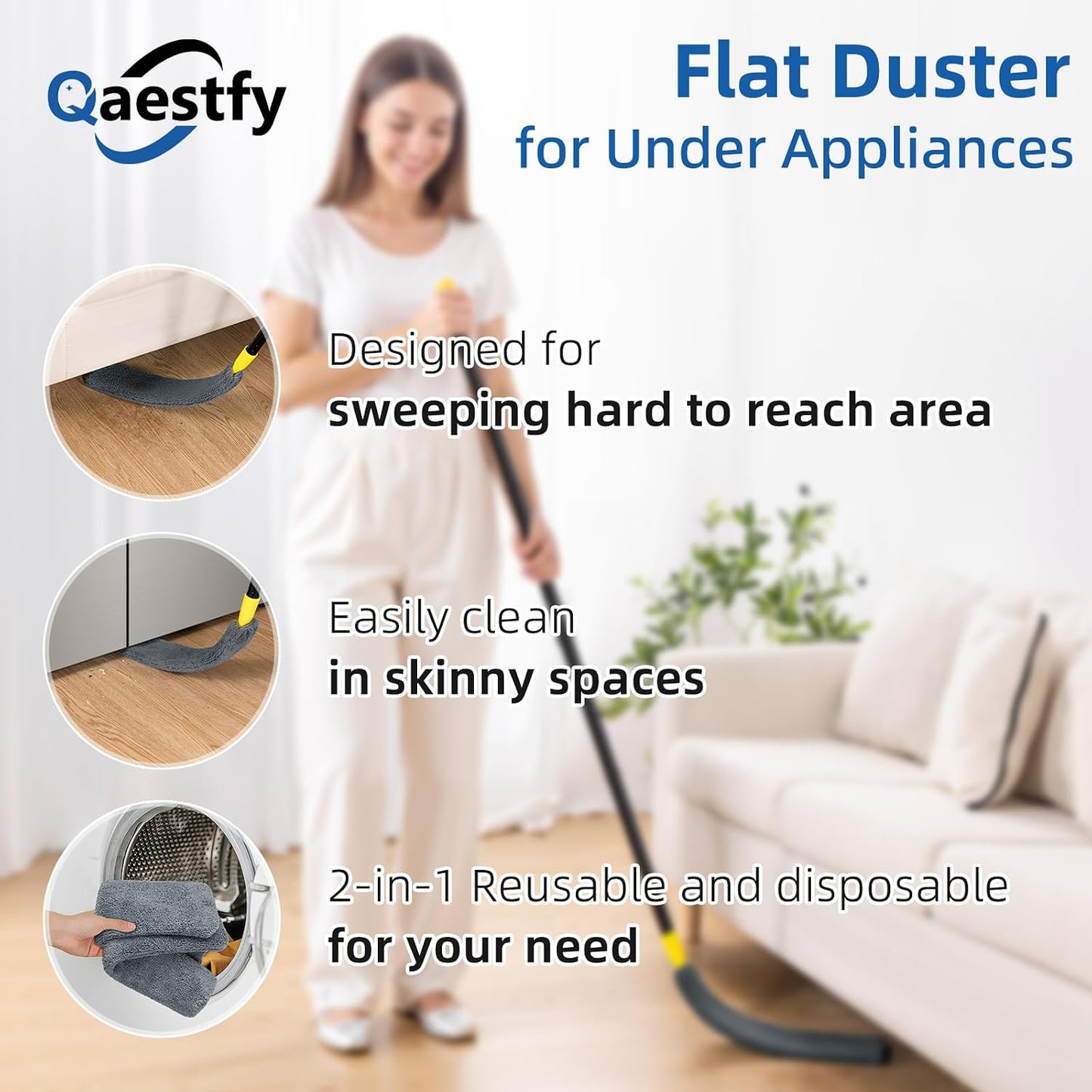 Qaestfy Under Appliance Cleaning Tool with Long Handle, 2 Reusable Microfiber Pads, 5 Disposable Dusting Cloths, Retractable Flat Gap Duster (30-63”) for Behind Fridge, Washer, Bed, Furniture