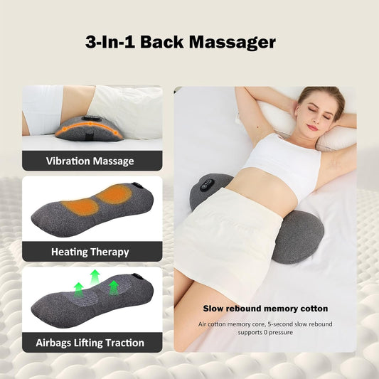3-in-1 Rechargeable Smooth Triple Fusion Back Massager | Sciatica Pain Relief Devices for Pain Relief Deep Tissue with Heat, Massage, Traction for Sleeping, Office, Car, Home